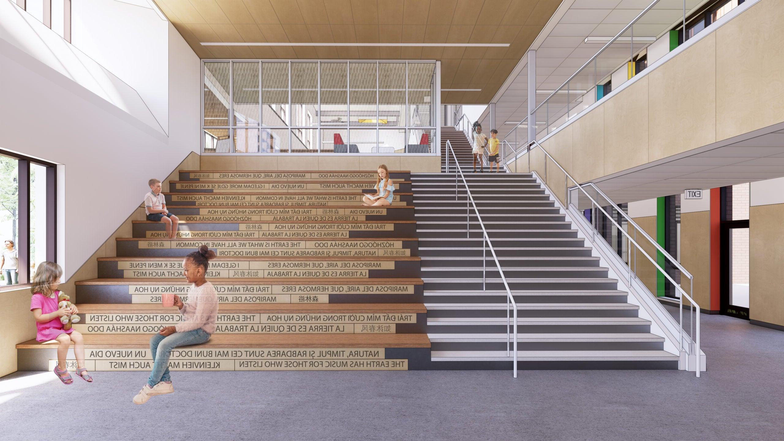 a learning stair with wood large steps for seating and a concrete stair for walking up and down